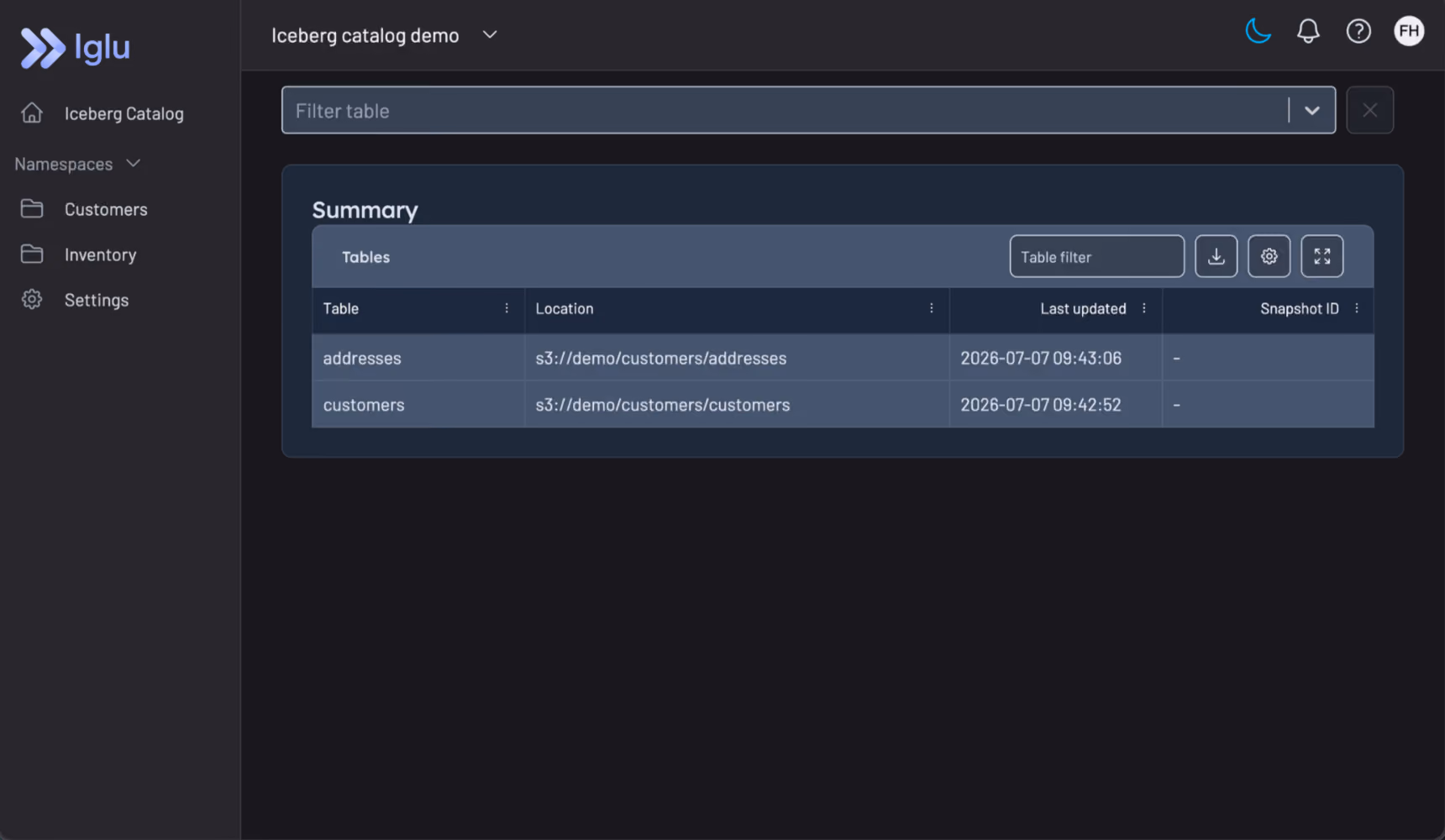 Iglu UI showing Iceberg table snapshots, schema history, and maintenance status