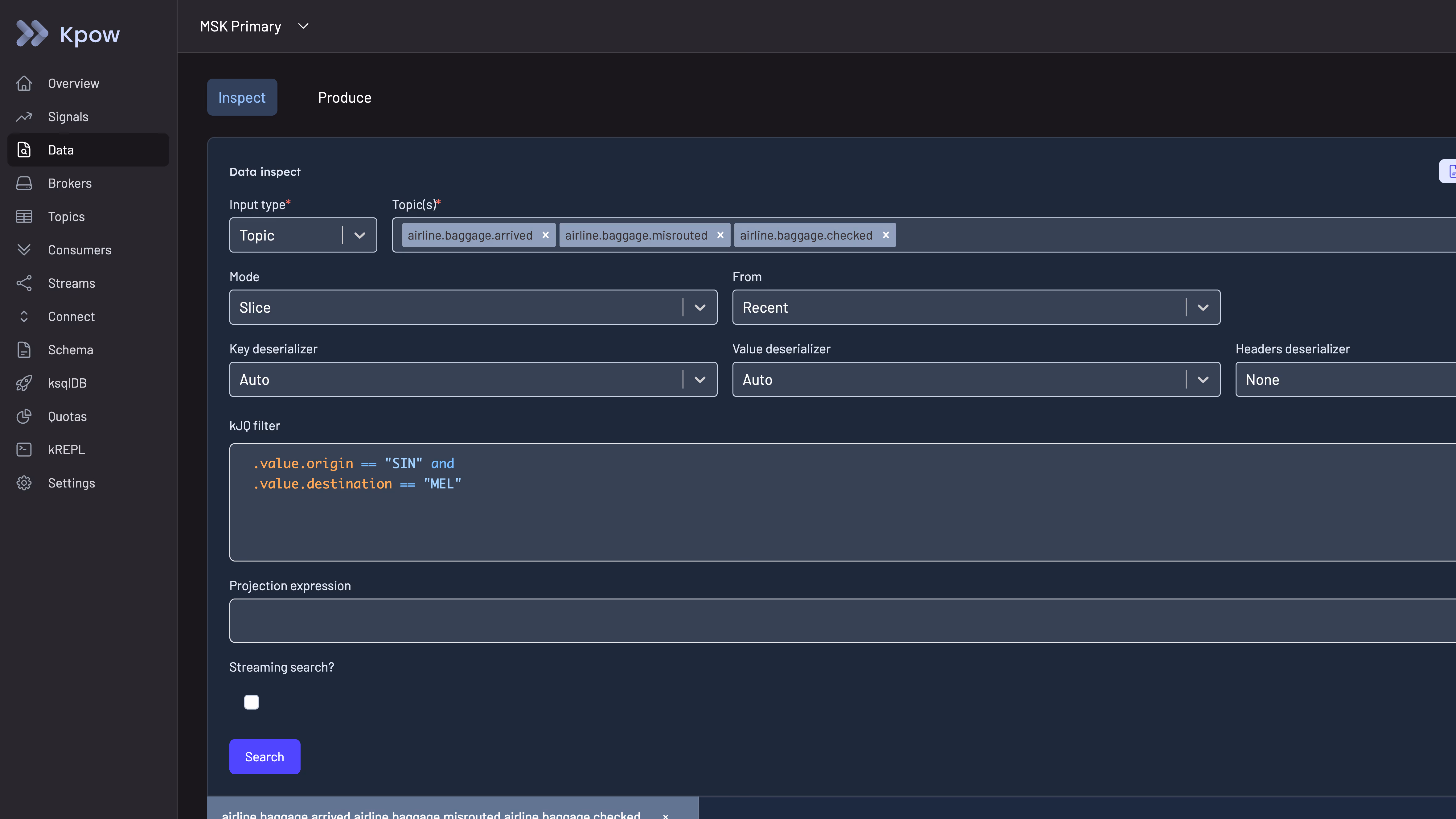 Kpow data inspect view showing a kJQ filter query searching across three Kafka topics