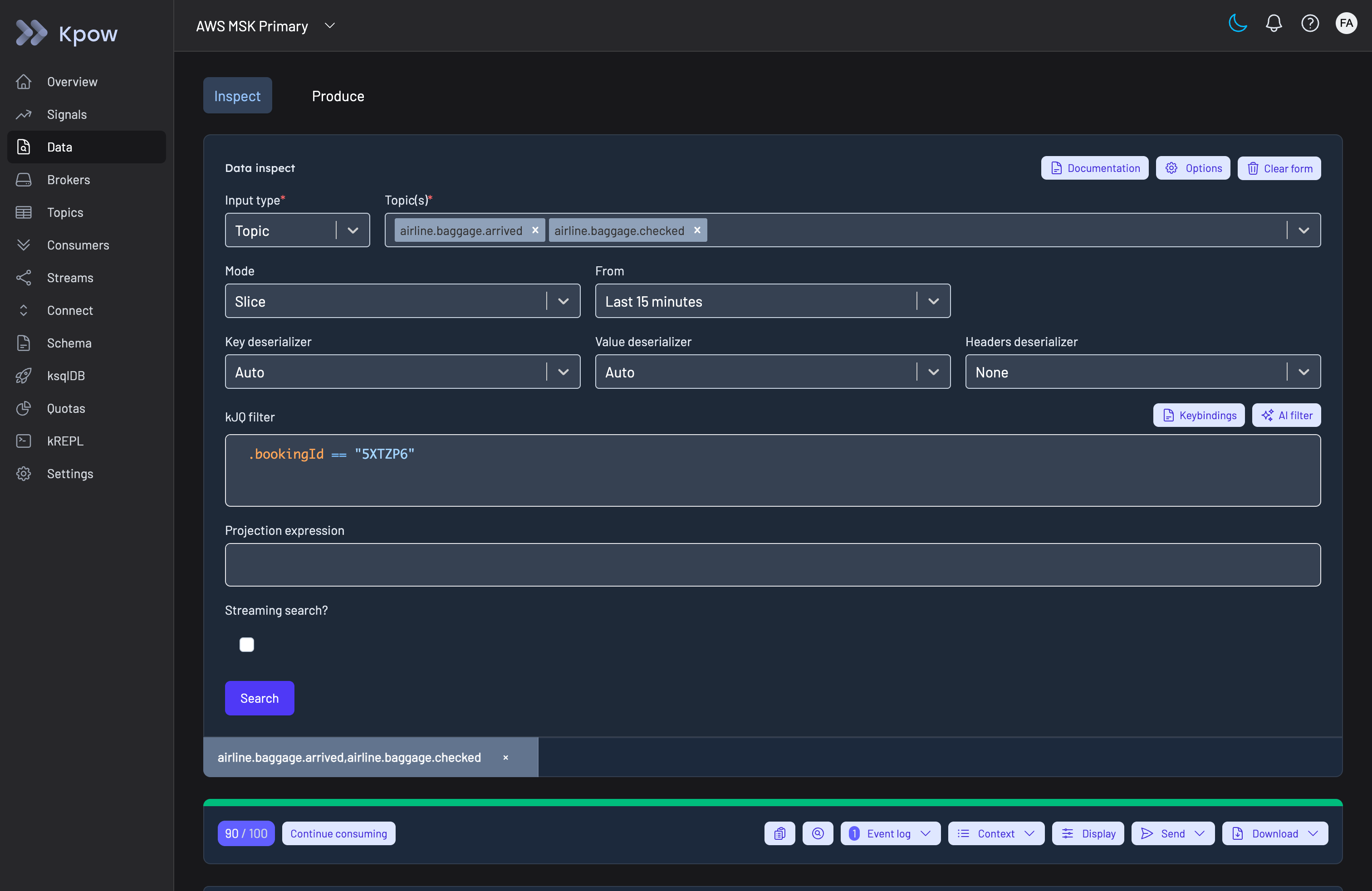 Kpow data inspect view showing a kJQ filter query across two topics