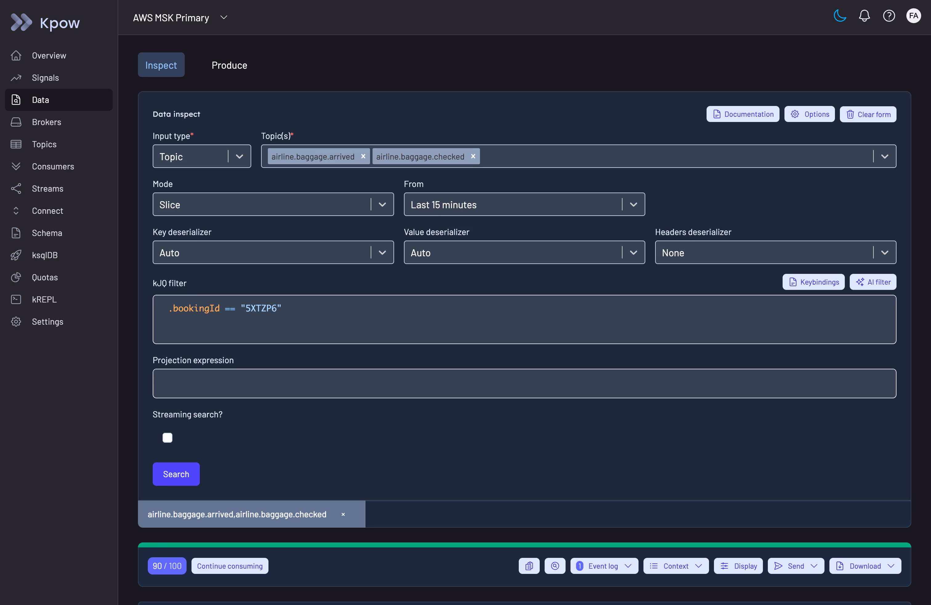 Kpow data inspect view showing a kJQ filter query across two topics