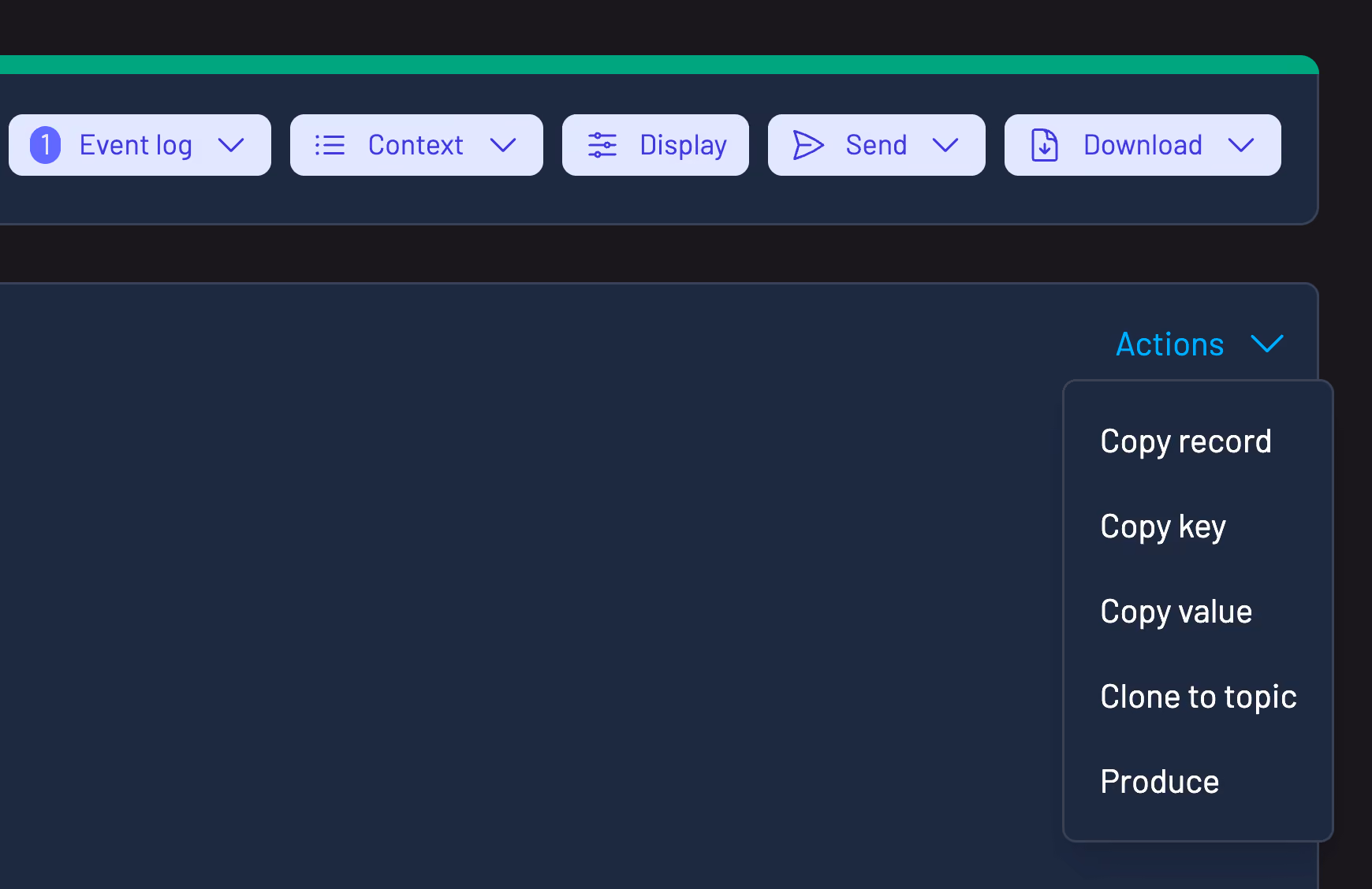 Kpow data inspect view showing options to produce, export, and reproduce a Kafka message