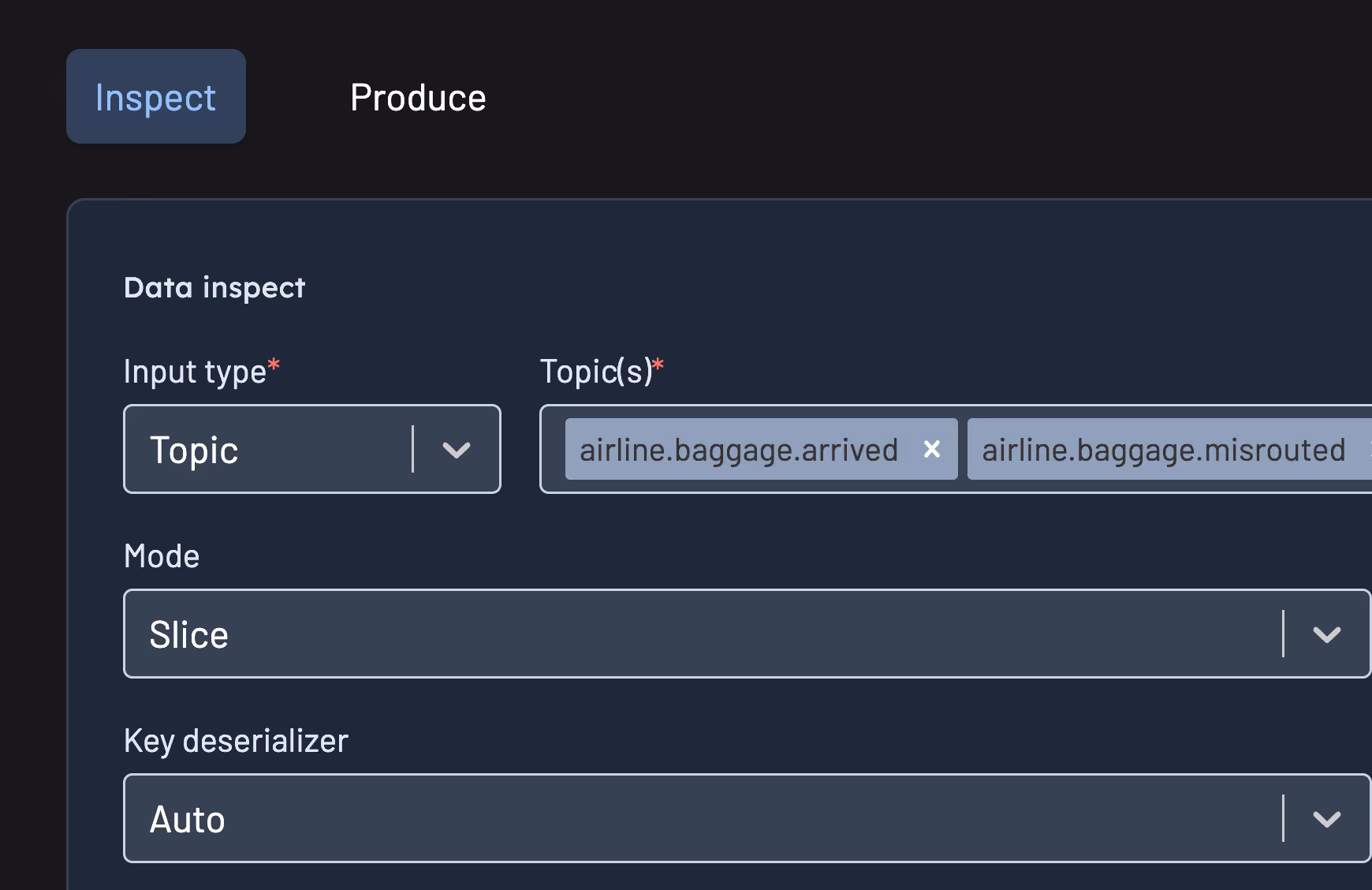 Kpow topic view showing automatically deserialized Kafka messages