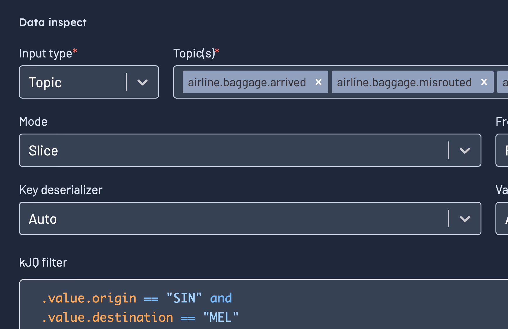Kpow data inspect view showing a kJQ filter applied across multiple Kafka topics