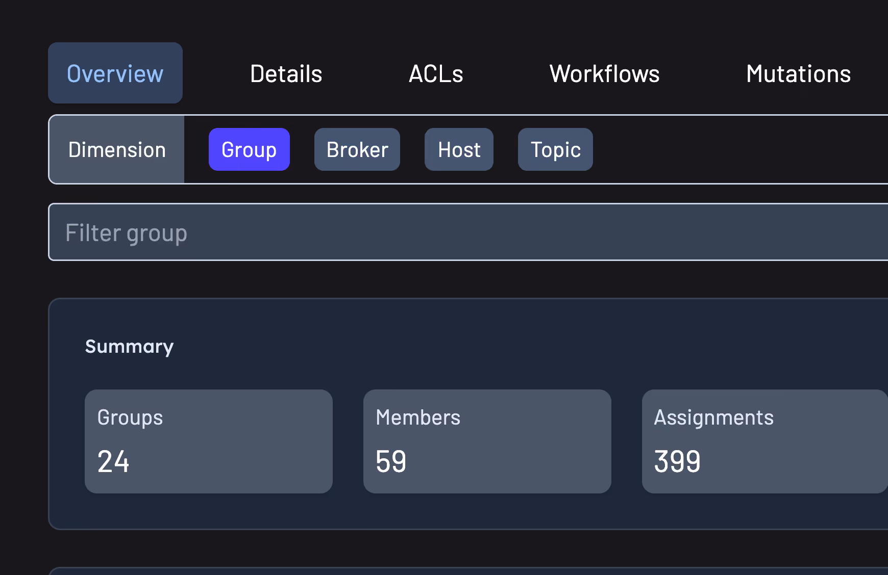 Kpow consumer lag view broken down by group, topic, partition, host, and broker
