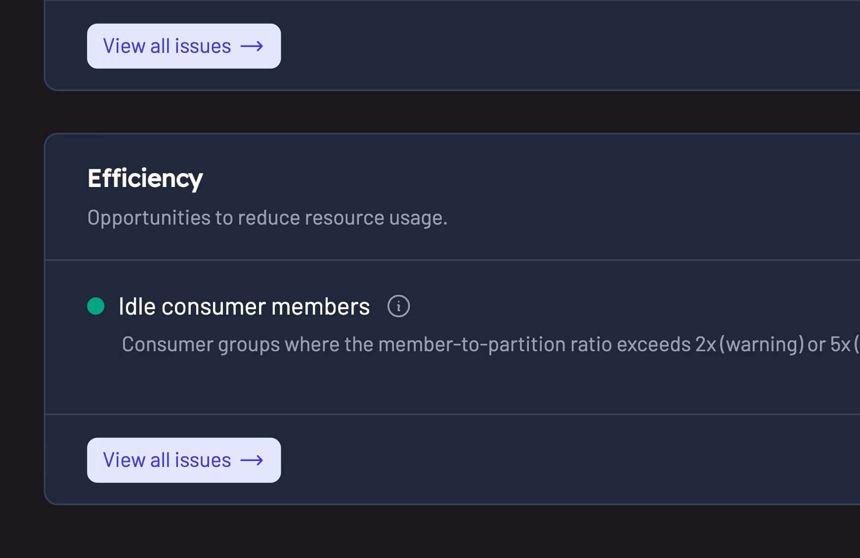 Kpow Signals view showing consumer group risk and efficiency checks