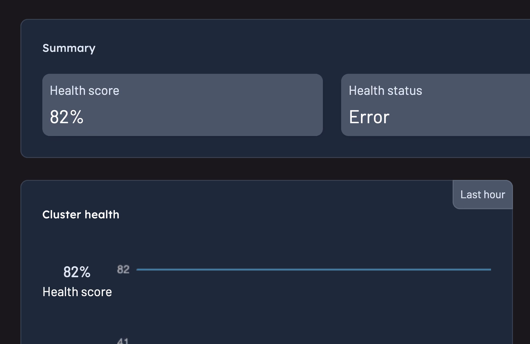 Kpow Signals view showing an overall cluster health score and status