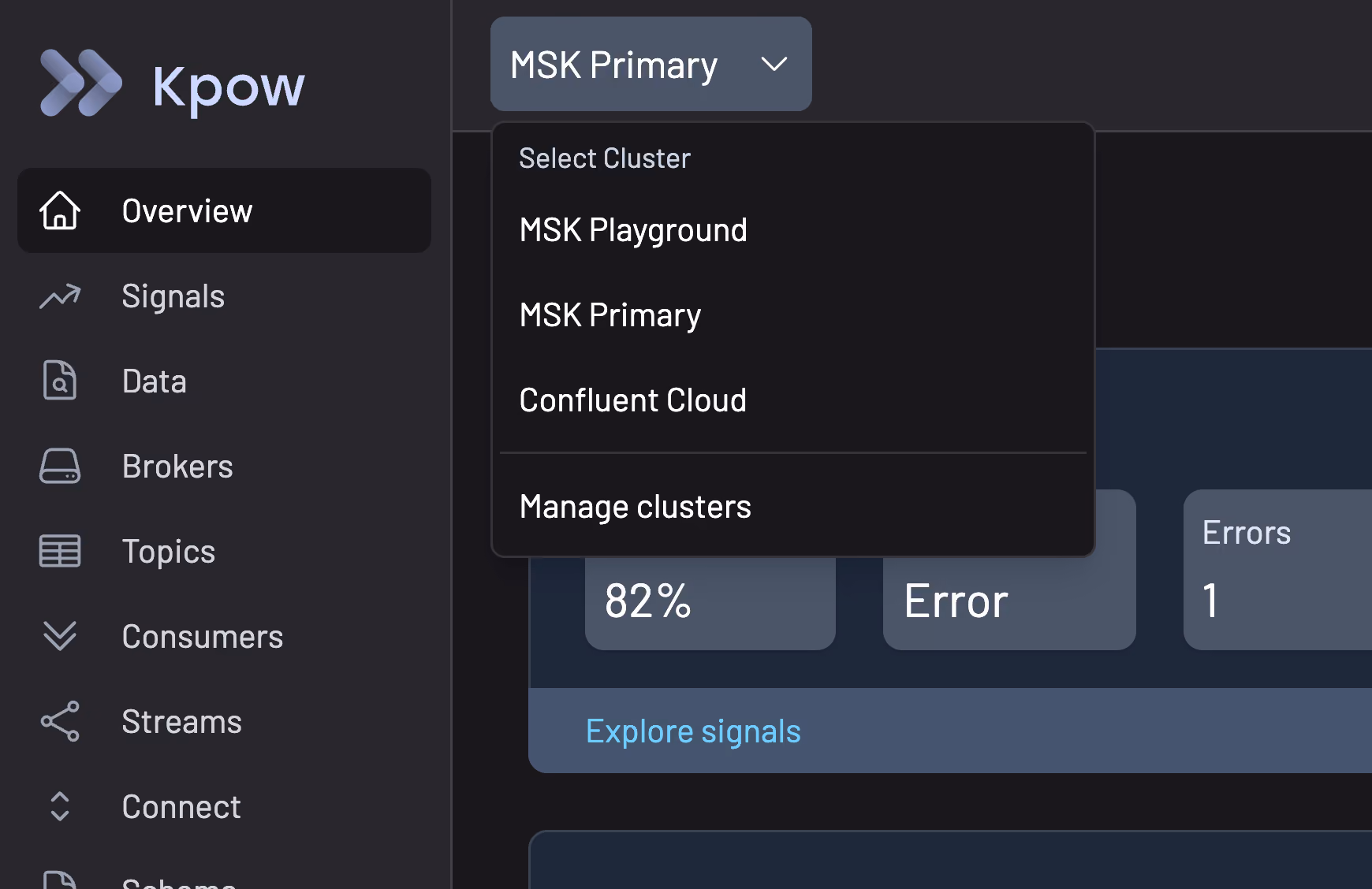 Kpow multi-cluster view showing configuration across connected Kafka clusters