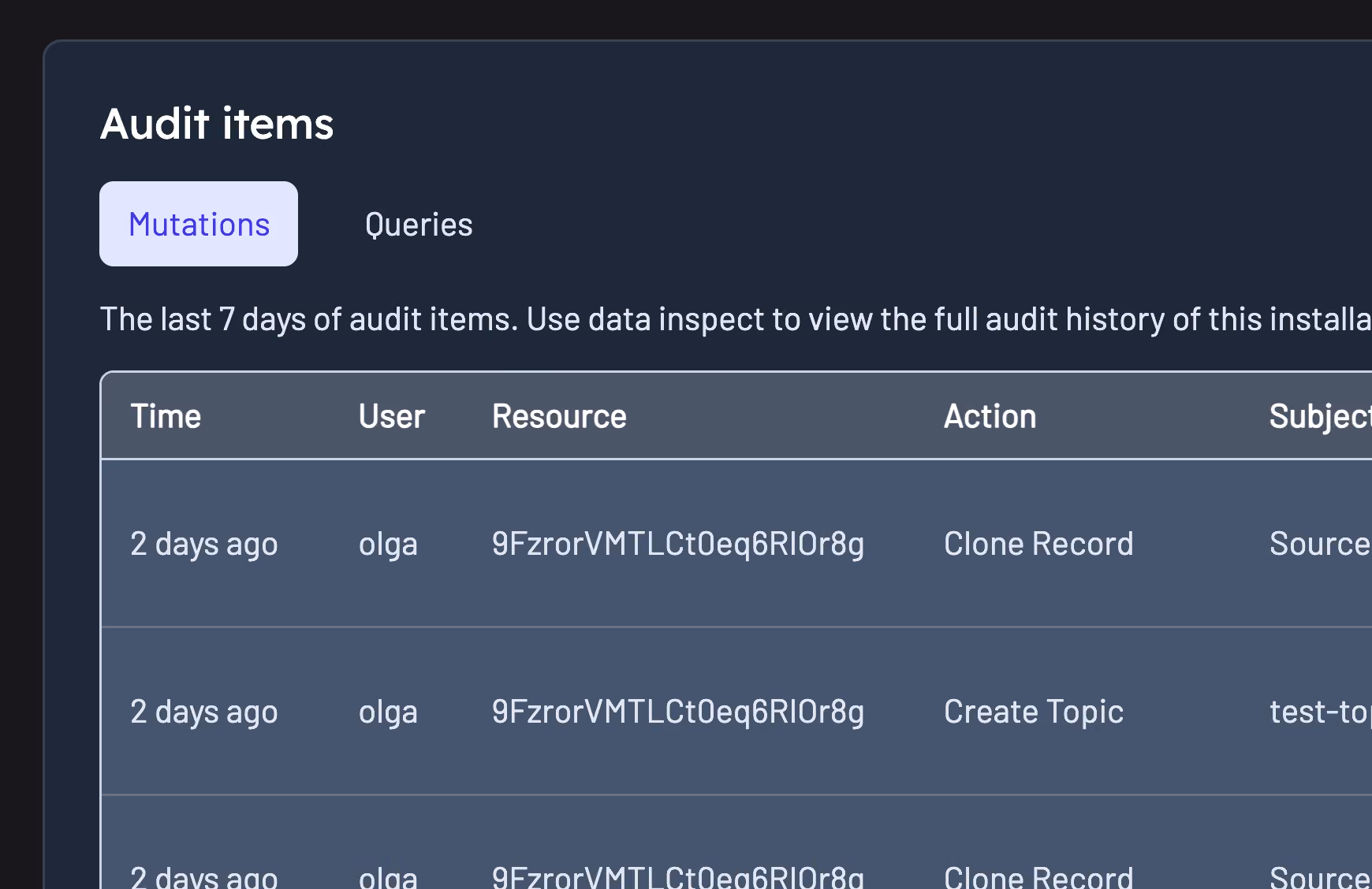 Kpow settings view showing the complete audit log of user actions