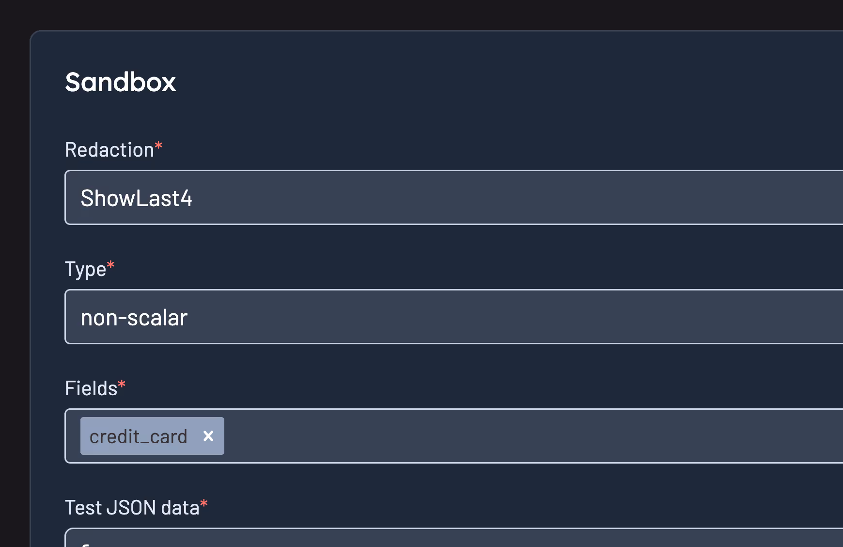 Kpow settings view showing data masking rules applied to sensitive fields