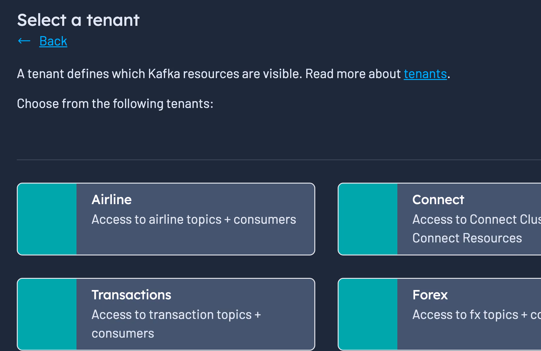 Kpow settings view showing a tenant scoped to a subset of Kafka resources