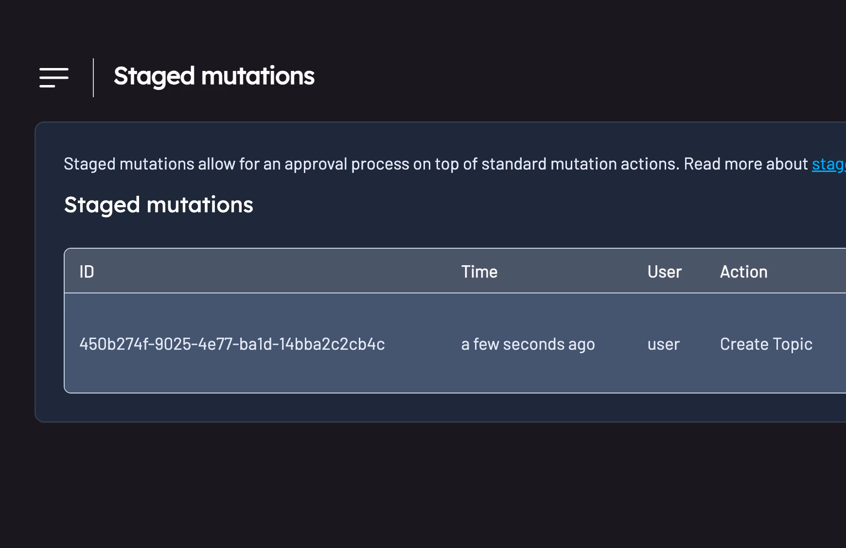 Kpow settings view showing a staged mutation awaiting admin approval