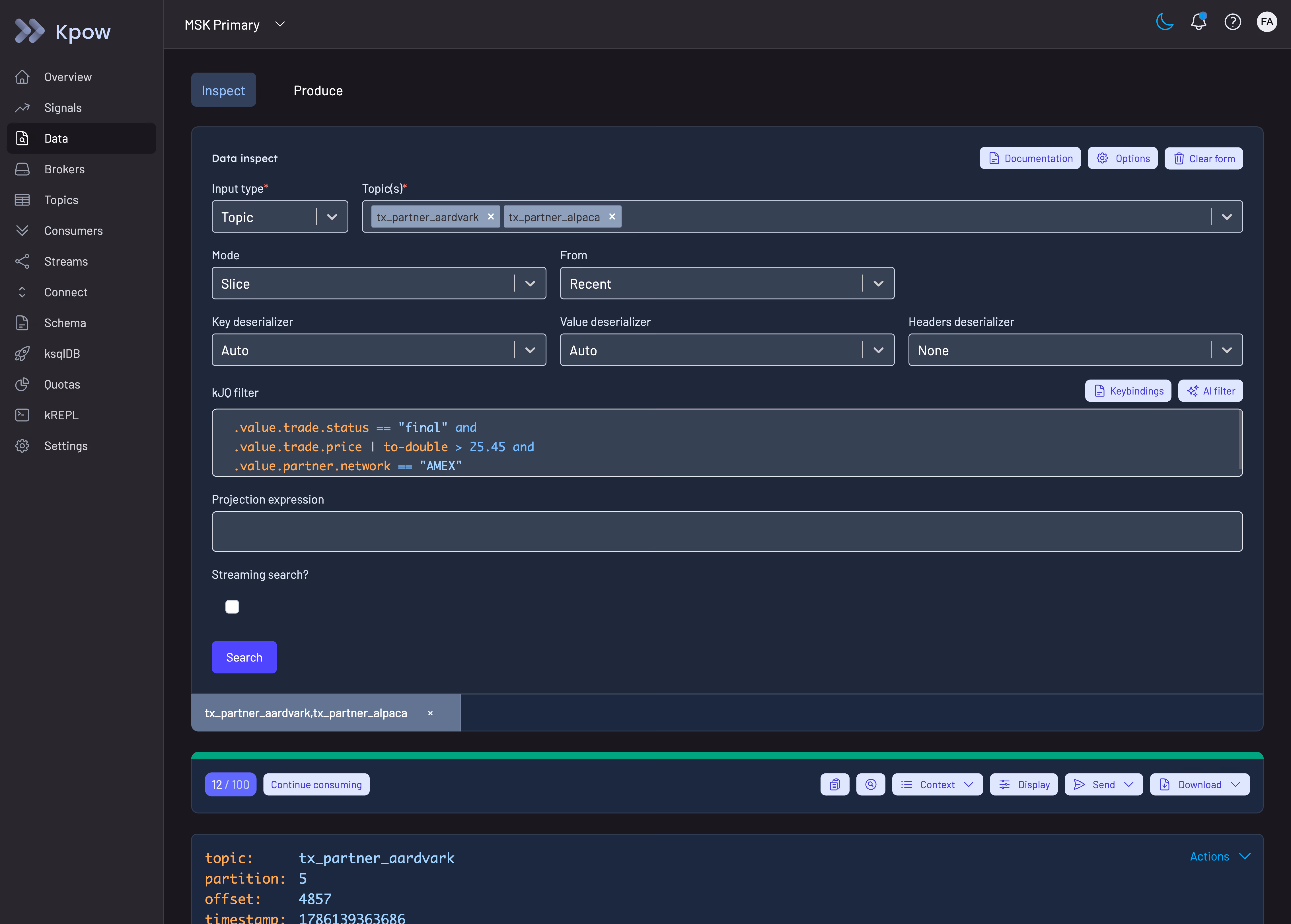 Kpow data inspect view showing a kJQ filter query across two topics