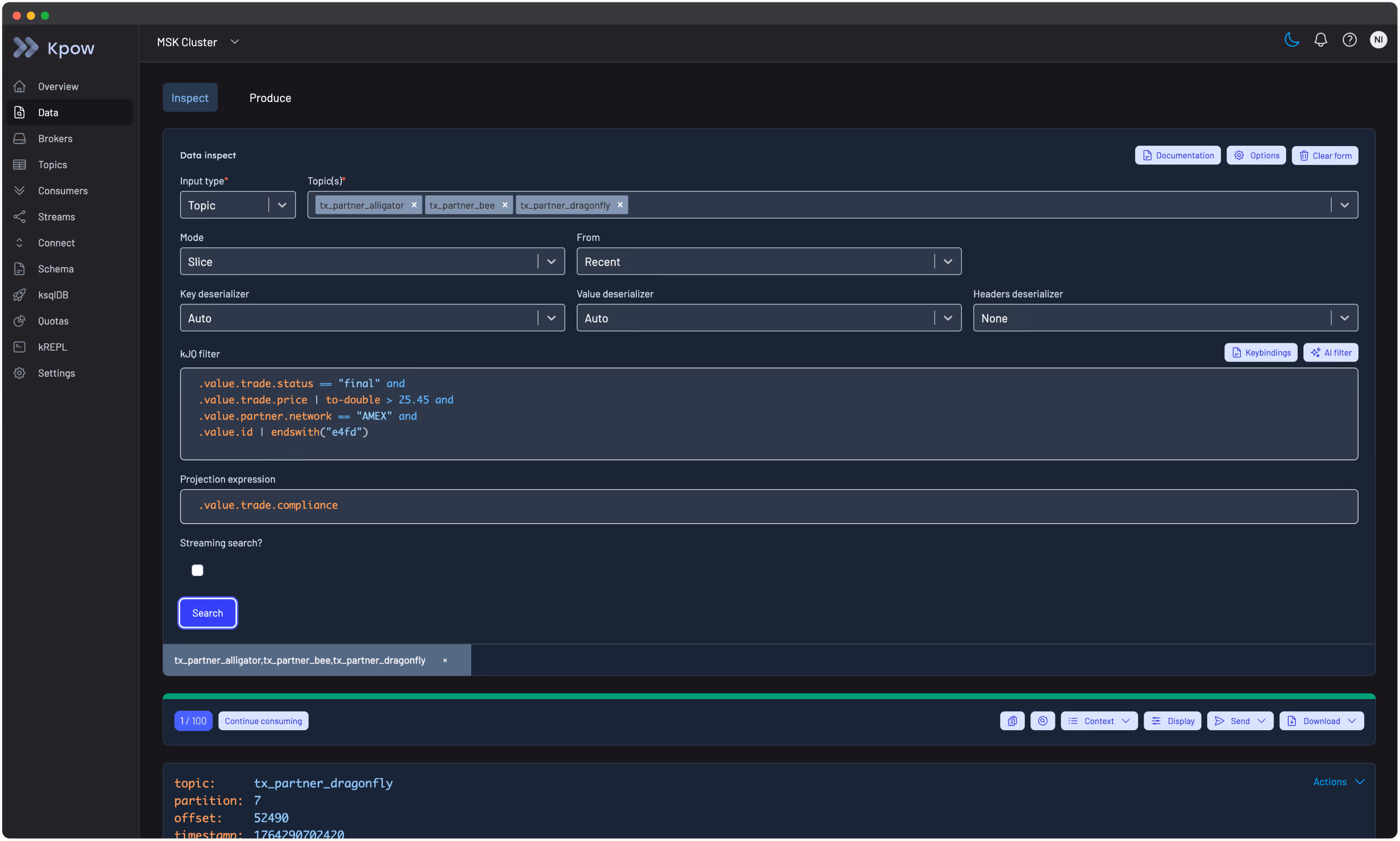 Kpow UI showing real-time Kafka cluster health, consumer lag, and topic inspection