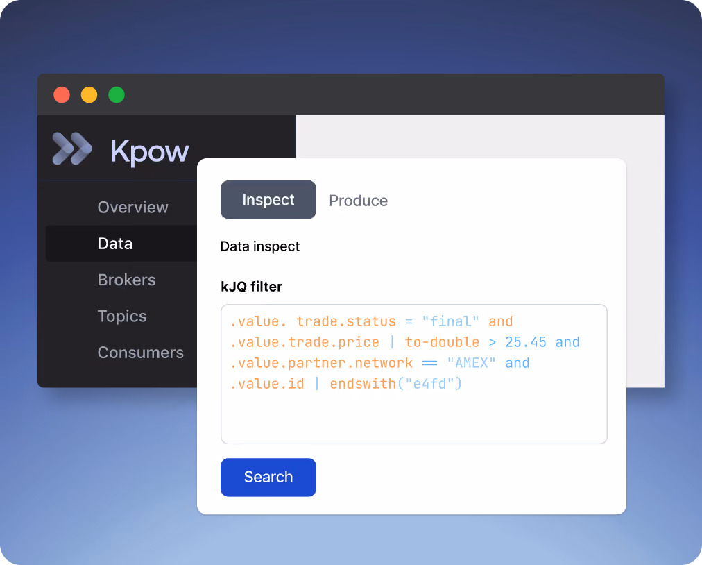 Kpow Inspect view showing kJQ message filtering across topics