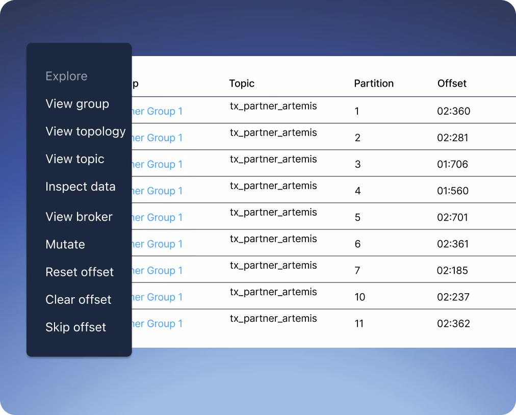Kpow Manage view showing topic and consumer group management