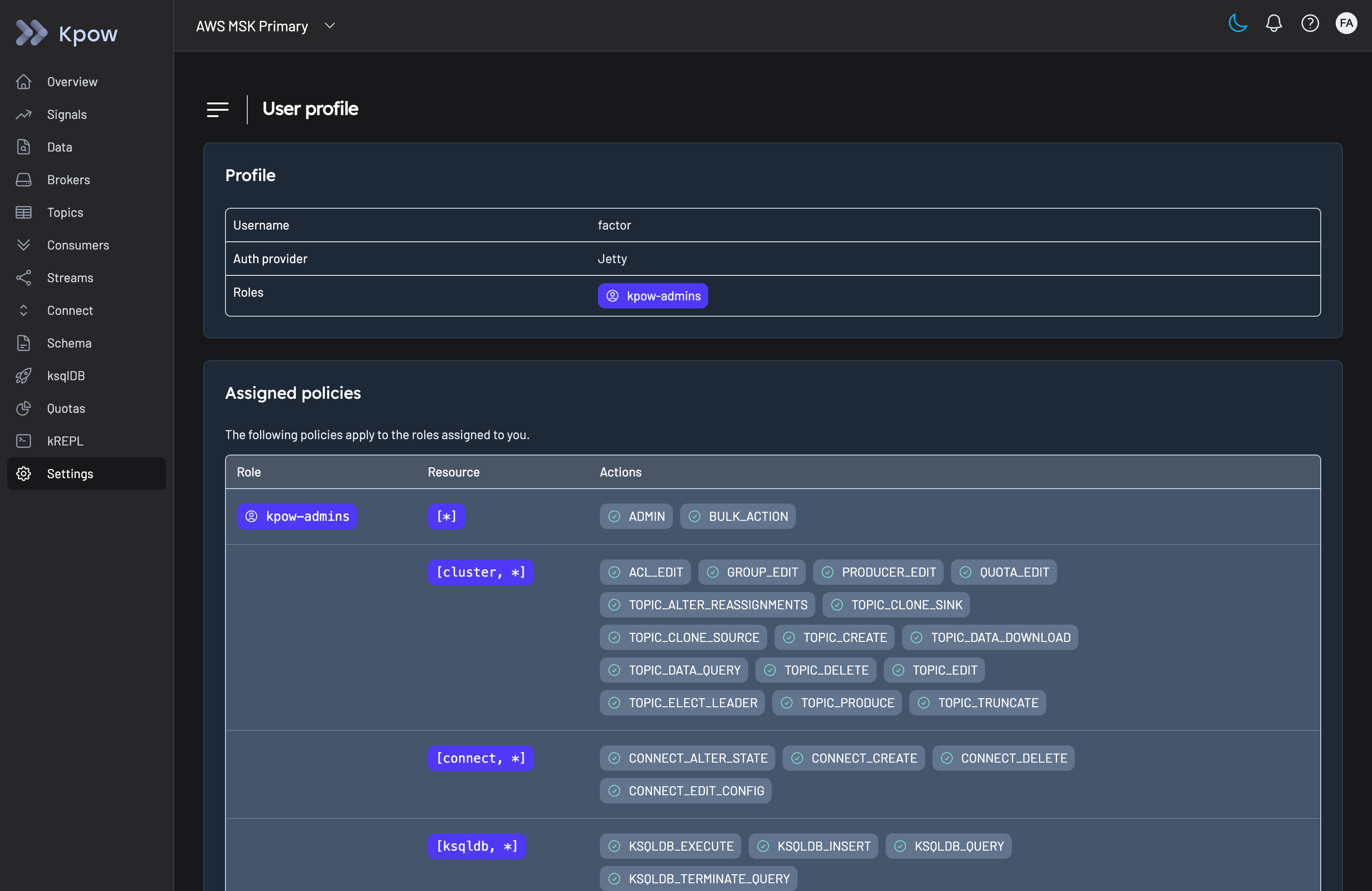 Kpow user profile view showing assigned roles and resource-level RBAC policies