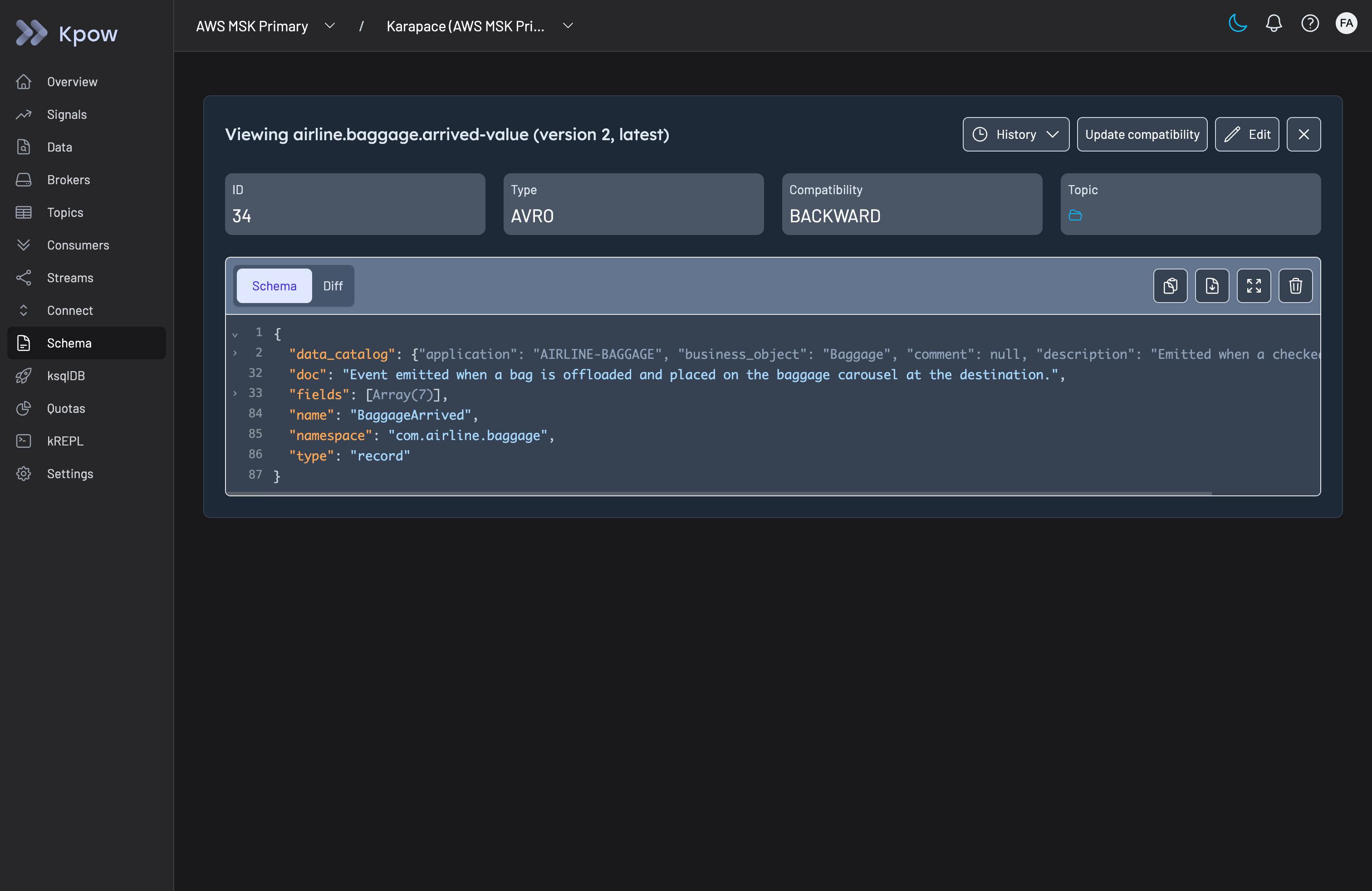 Kpow schema registry view showing an Avro schema version with compatibility settings