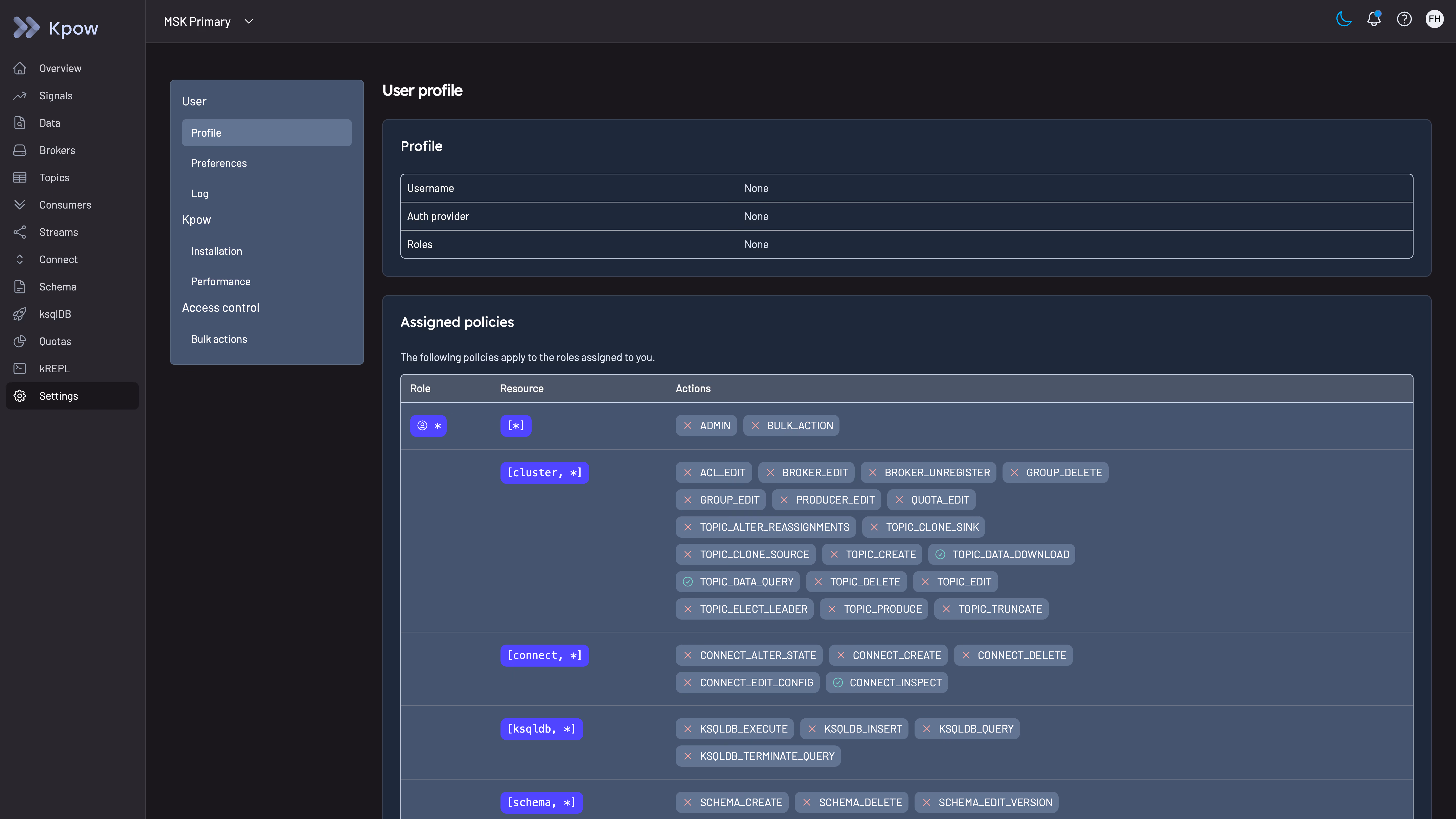 Kpow user settings view showing assigned RBAC policies and permitted actions