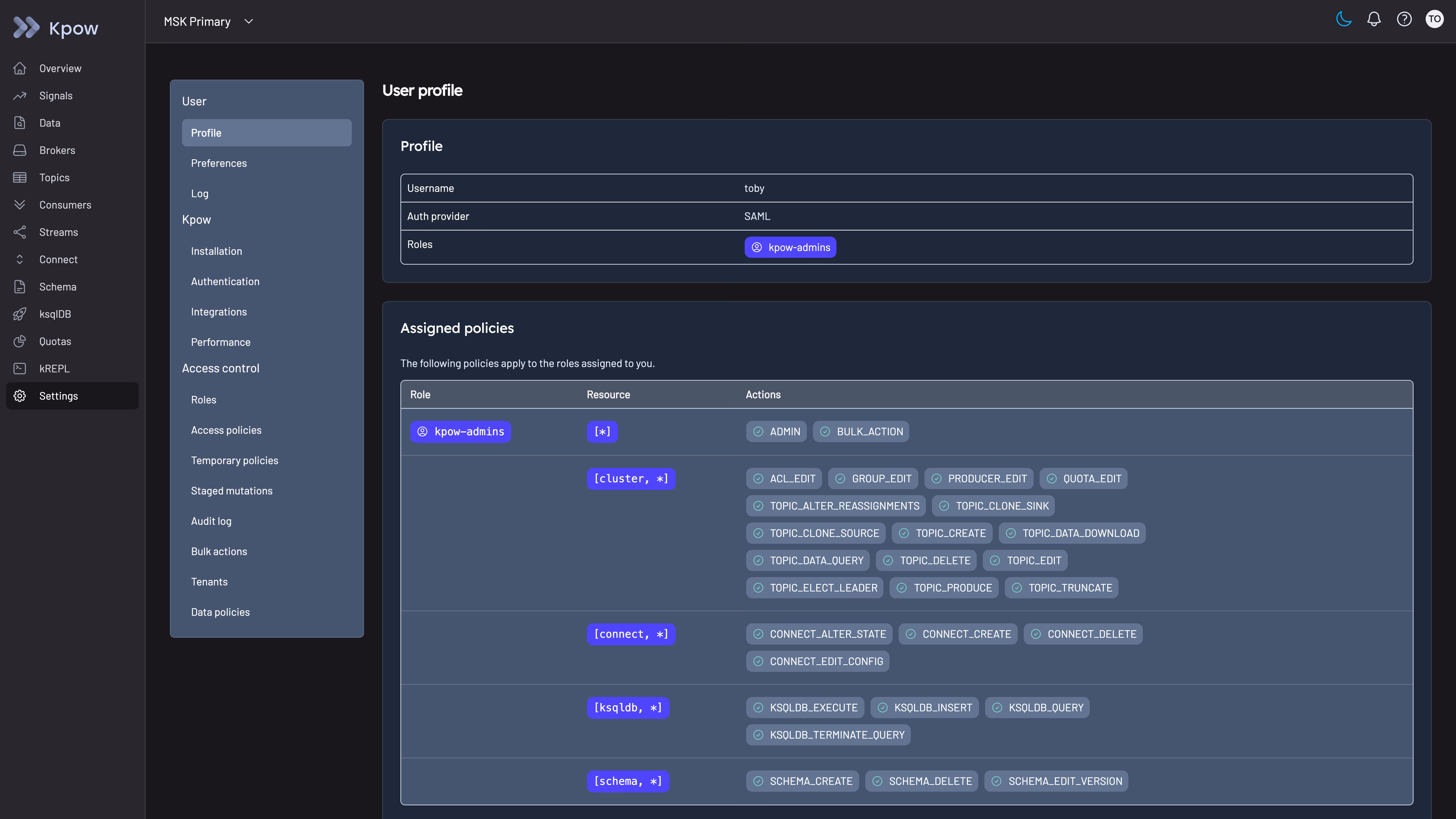 Kpow user settings view showing assigned RBAC policies and permitted actions