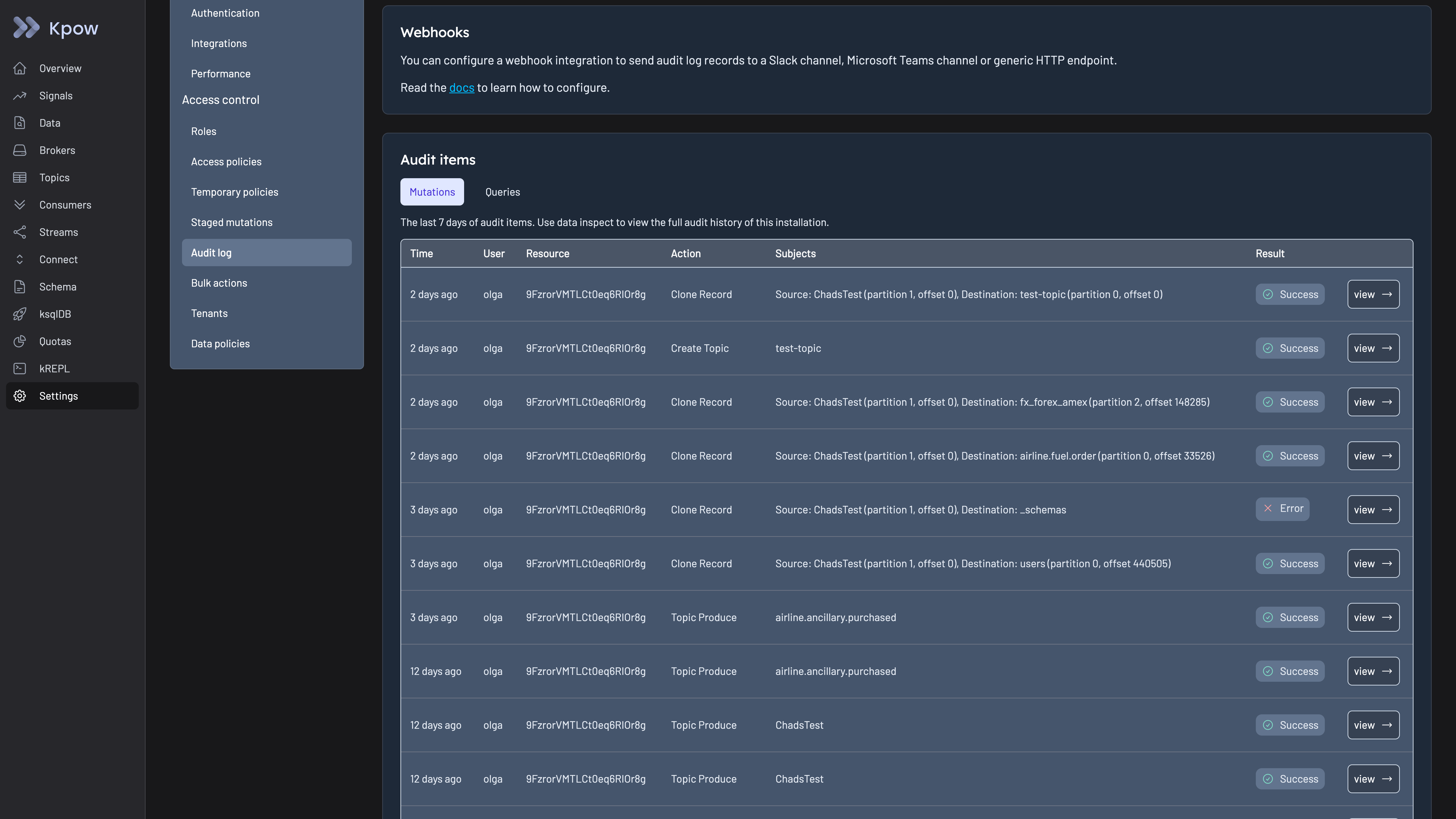 Kpow Settings Audit log page, Mutations tab, listing Clone Record, Create Topic and Topic Produce actions with the time, the user, the subjects and a Success or Error result for each