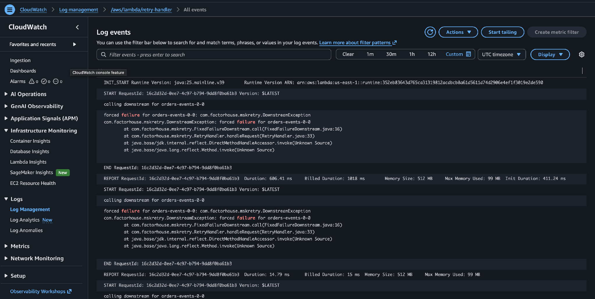 CloudWatch logs showing the same request ID retrying repeatedly with an identical stack trace
