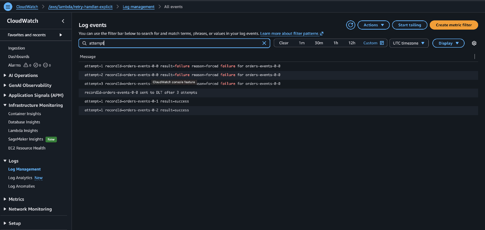 CloudWatch logs from the explicit path showing three numbered attempts, the record sent to the DLT, then two other records succeeding on their first try