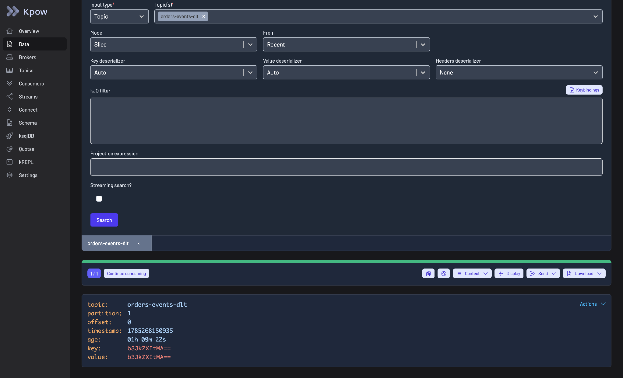 Kpow’s Data Inspect view on the dead letter topic, showing partition, offset, timestamp, and the decoded record