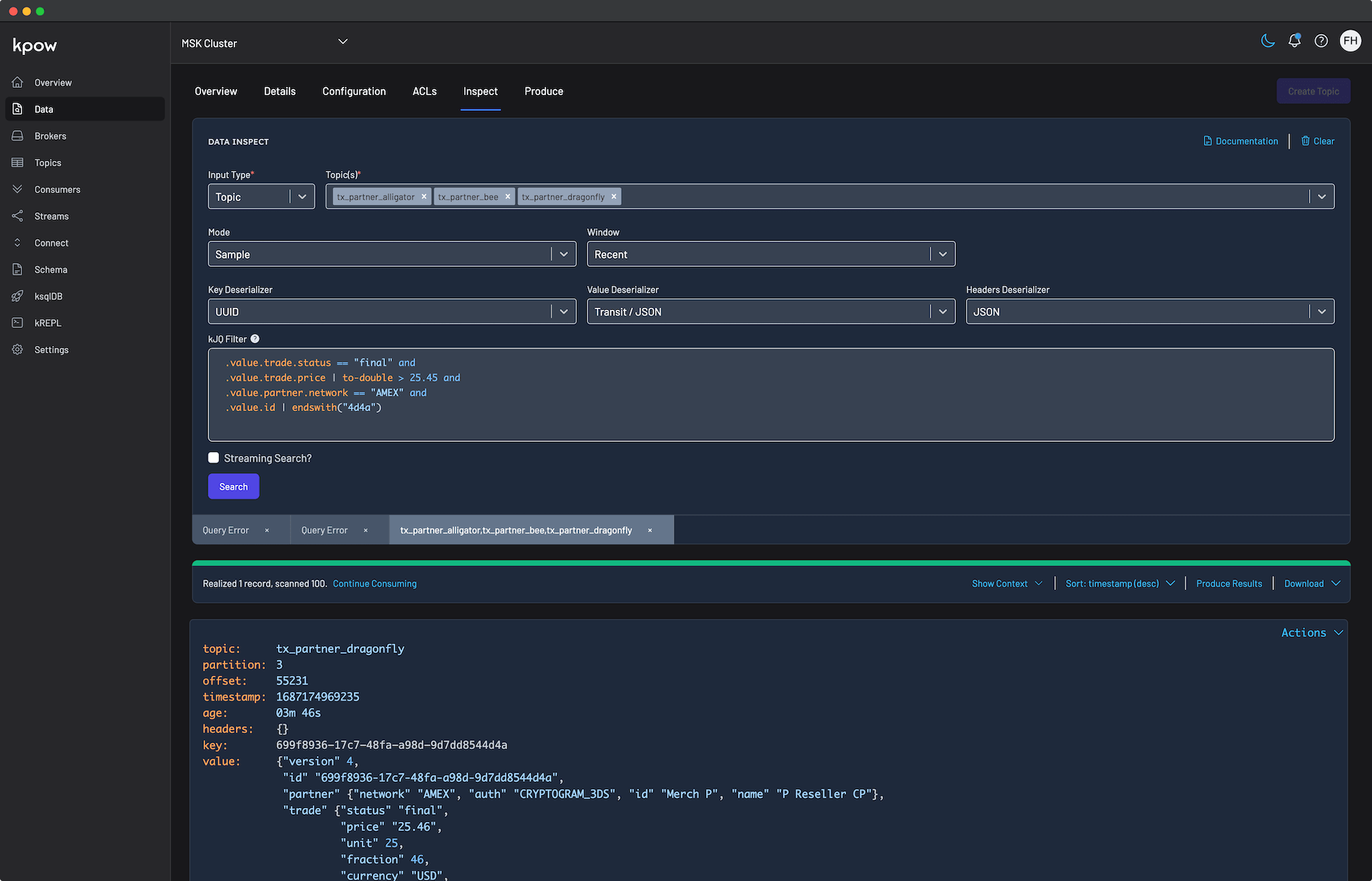 Kpow for Apache Kafka Data Inspect UI