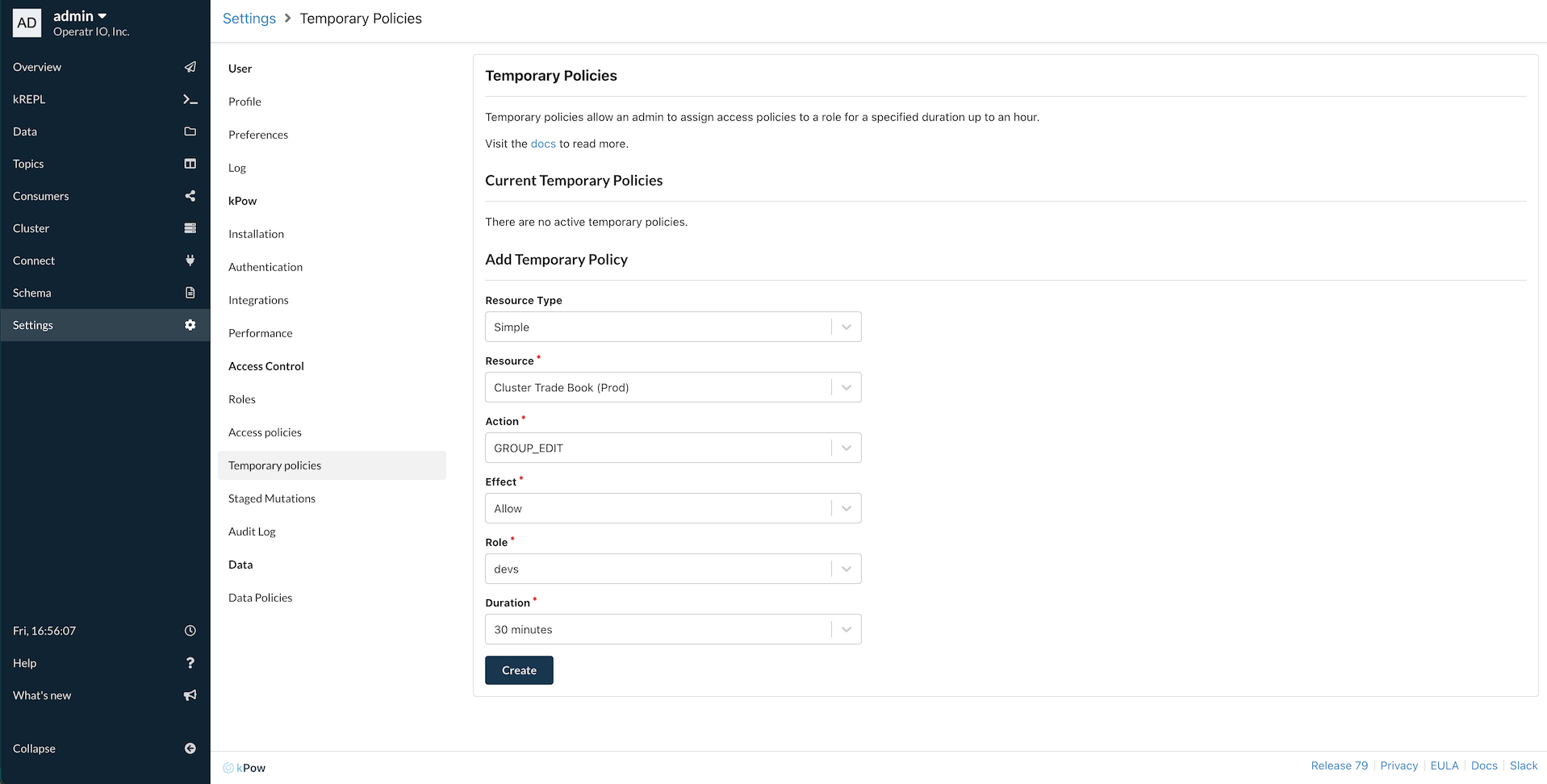 Temporary policies UI in Kpow