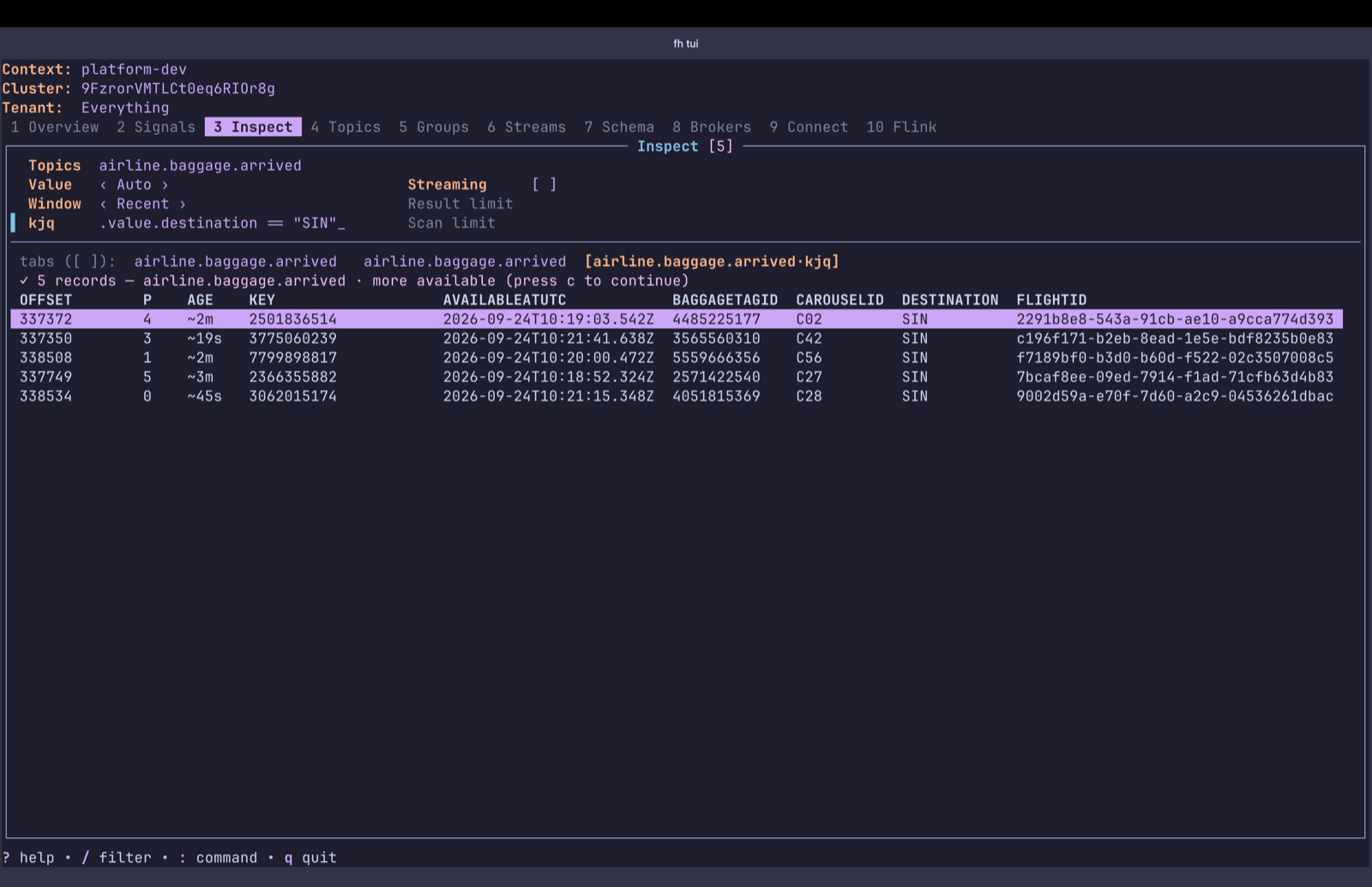 fh TUI data inspect filtering records with kjq